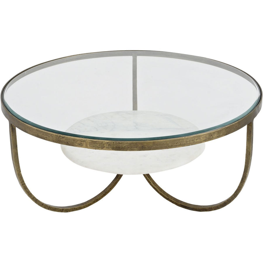 Round glass coffee table with metal frame on a white background
