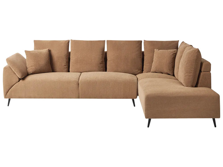 Brown sectional sofa with cushions on a white background