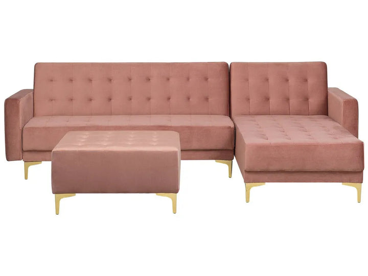 Left-hand 4-seater velvet corner sofa in pink with ottoman