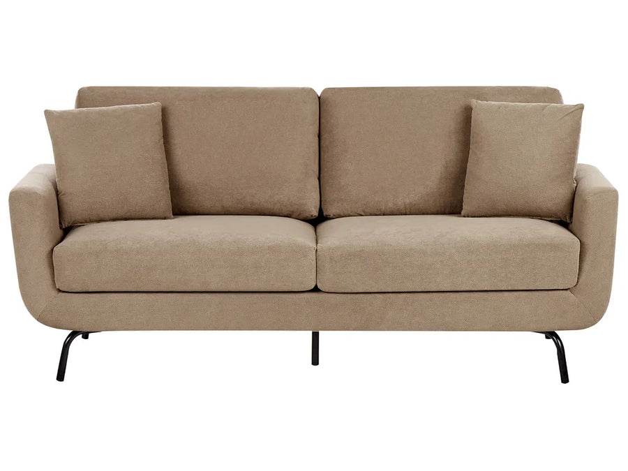 Beige sofa with four cushions on a white background