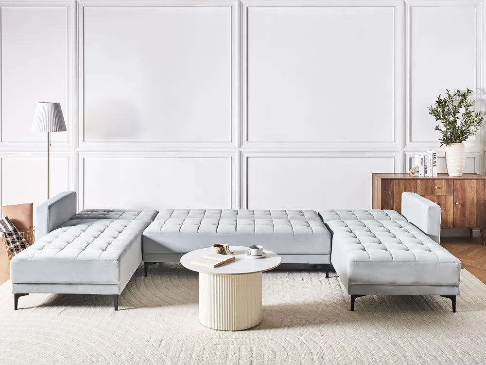 Modular U-Shape Sofa Bed 5 Seater Velvet Light Grey Denby