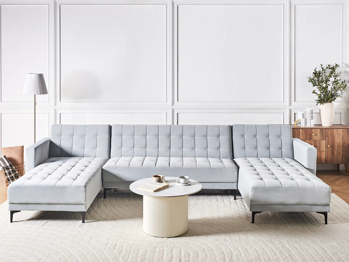 U-shaped light grey velvet sectional sofa bed with adjustable backrest and two chaises