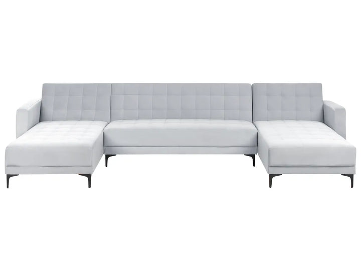 Light grey velvet U-shape 5 seater modular sofa bed with tufted upholstery and metal legs