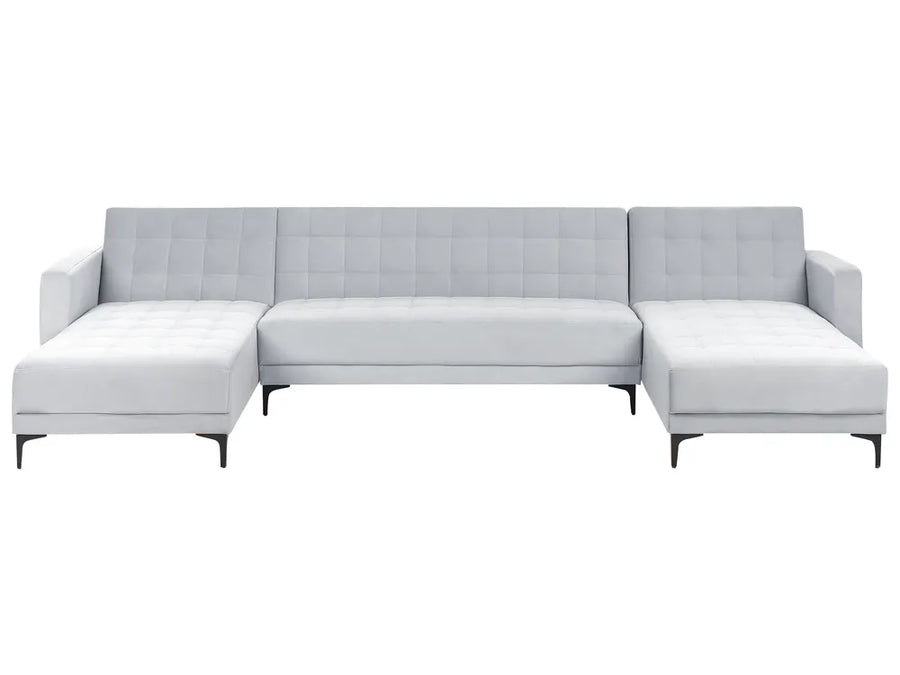 Light grey velvet U-shape 5 seater modular sofa bed with tufted upholstery and metal legs