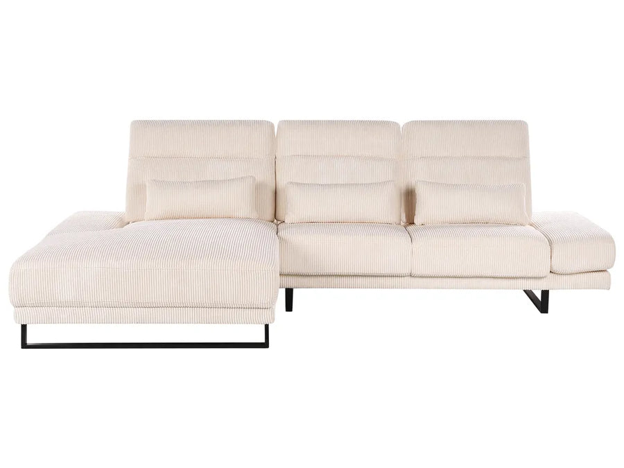 4-seater beige corduroy L-shaped sofa with plush cushions and contemporary design
