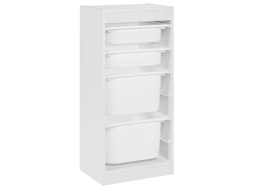 White bookshelf with multiple shelves on a white background