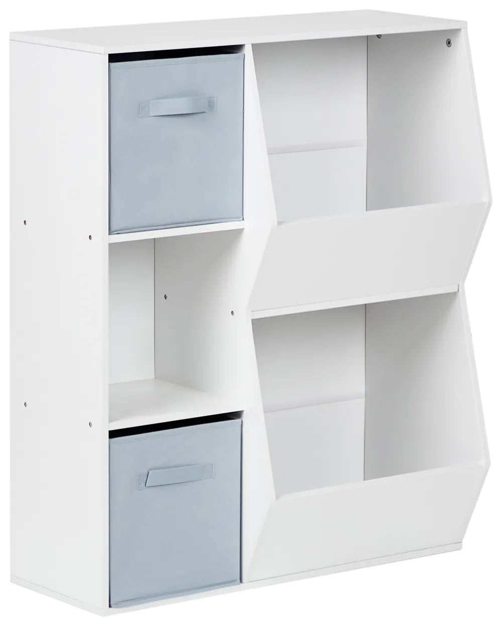 White storage unit with two light blue drawers on a white background