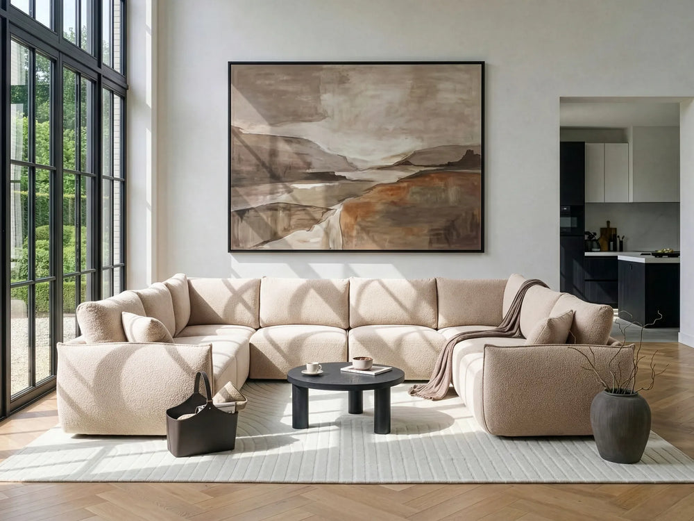 Beige bouclé modular U-shaped sofa for living room