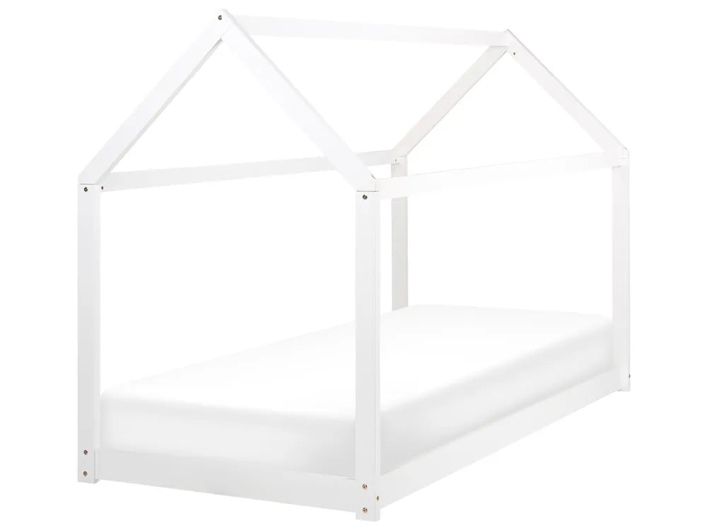 White children's bed frame with a house design on a white background