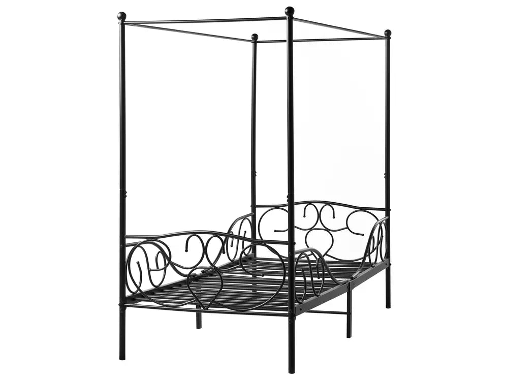 Black metal canopy bed on a white background