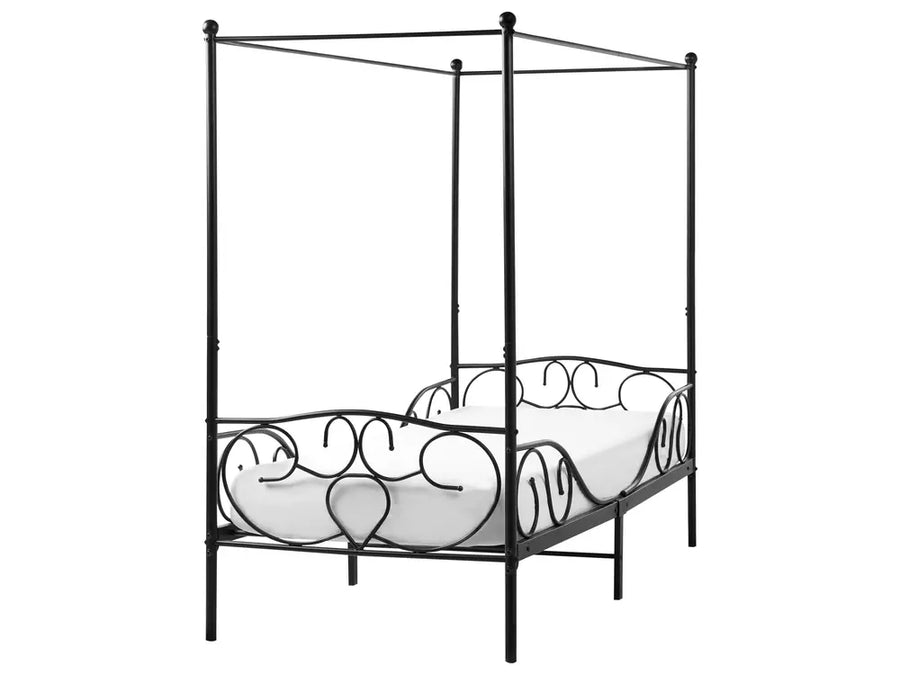 Black metal canopy bed frame on a white background