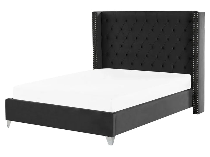 Black velvet king size bed with tufted headboard