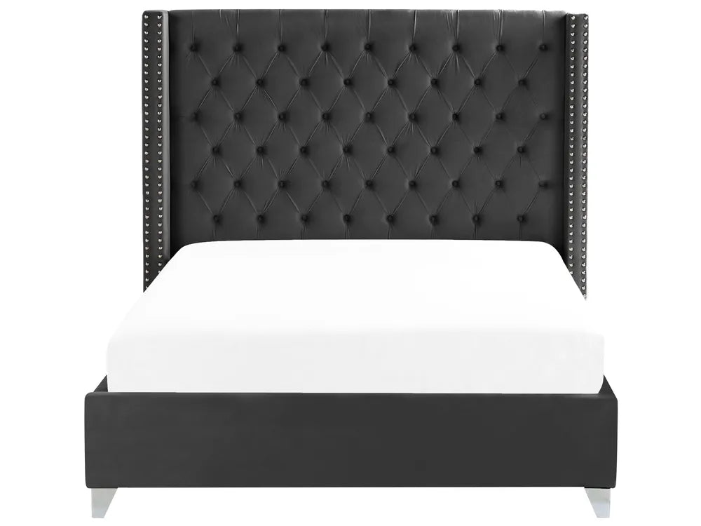 Modern black velvet bed with slatted base
