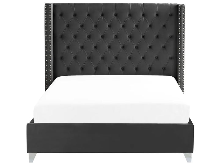Modern black velvet bed with slatted base