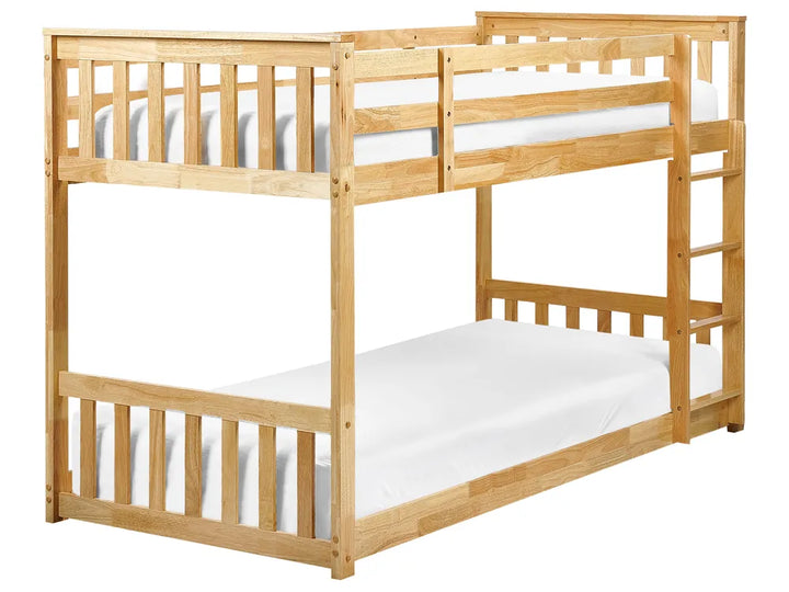 Wooden bunk bed with white mattresses on a white background
