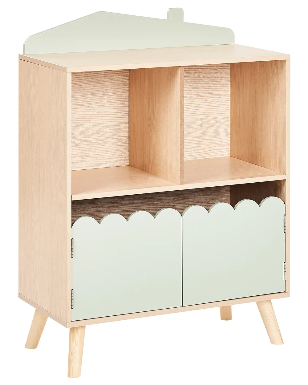 Children's corner cabinet with light green scalloped doors and beige top on a white background