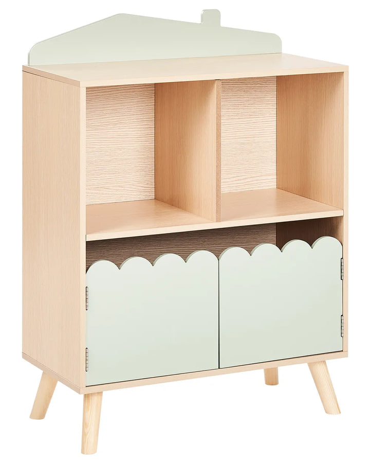Children's corner cabinet with light green scalloped doors and beige top on a white background
