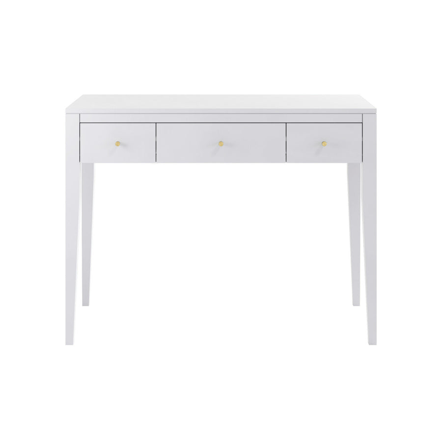White desk with three drawers on a white background