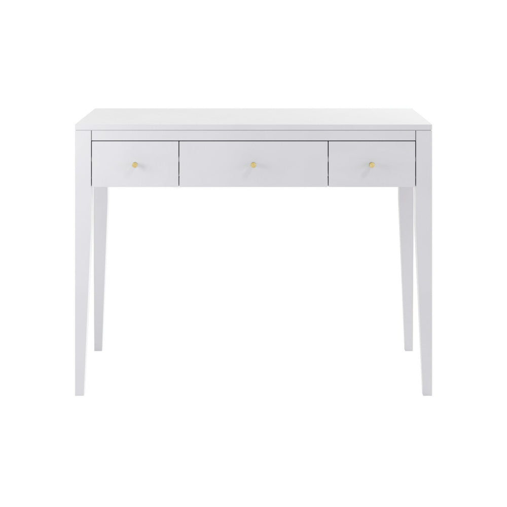 White desk with three drawers on a white background