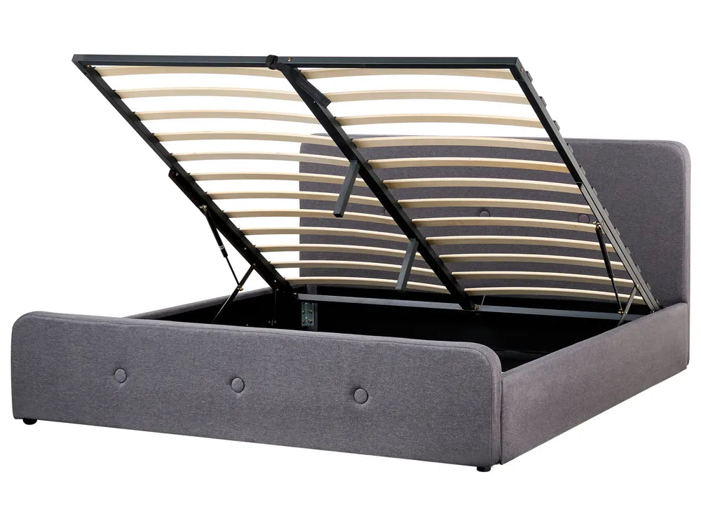 Modern dark grey storage bed with linen upholstery