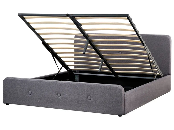 Modern dark grey storage bed with linen upholstery