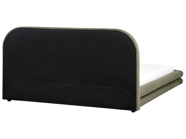 Black upholstered bed frame on a white background