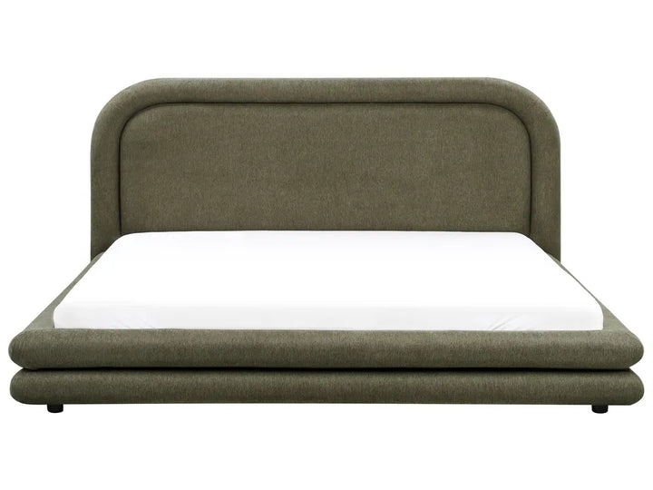Green upholstered bed with white mattress on a white background
