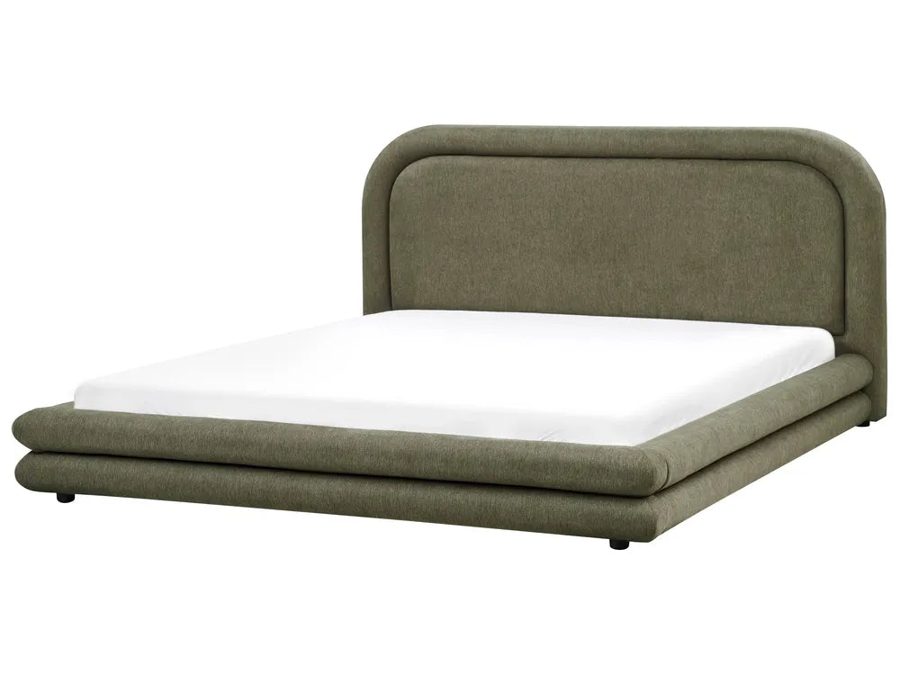 Green upholstered bed with white mattress on a white background