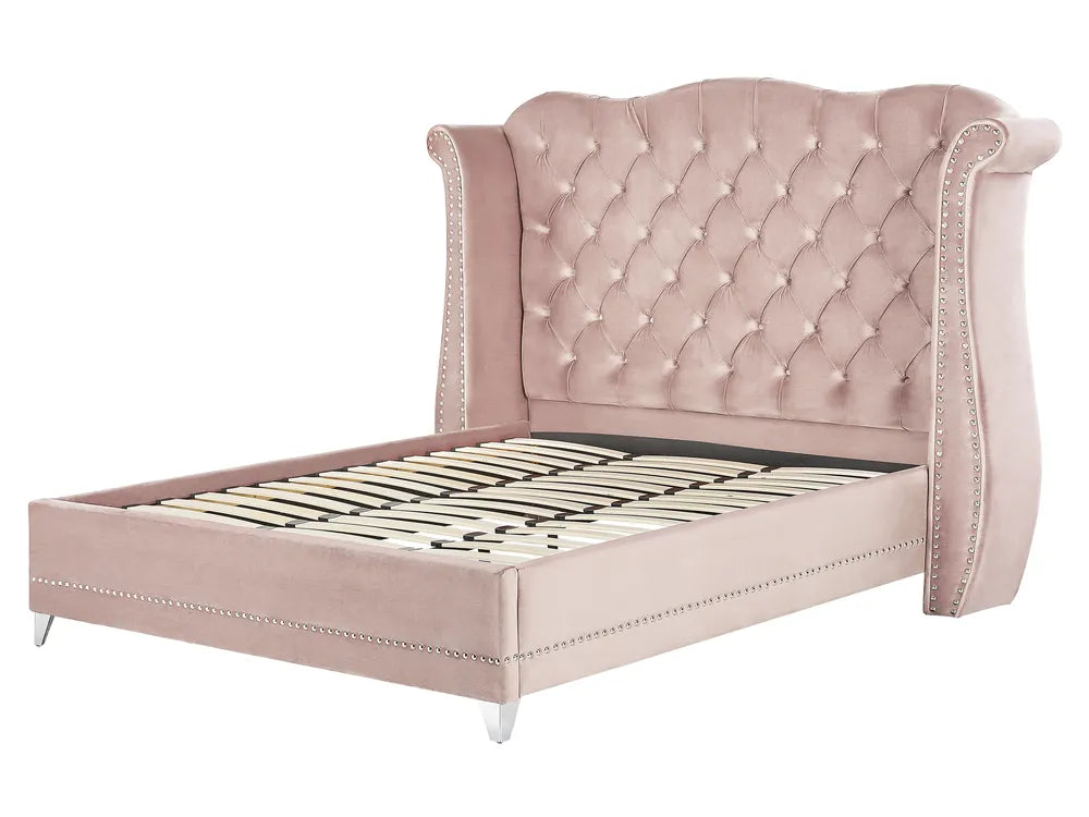 Super king velvet bed with slatted base and headboard