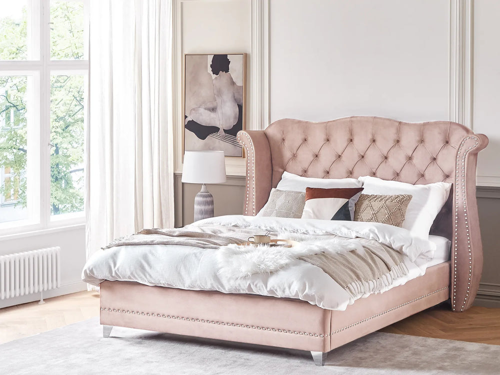 Upholstered velvet bed with button tufted design