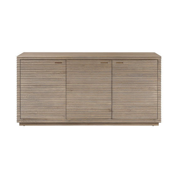 Wooden sideboard with horizontal slats on a white background