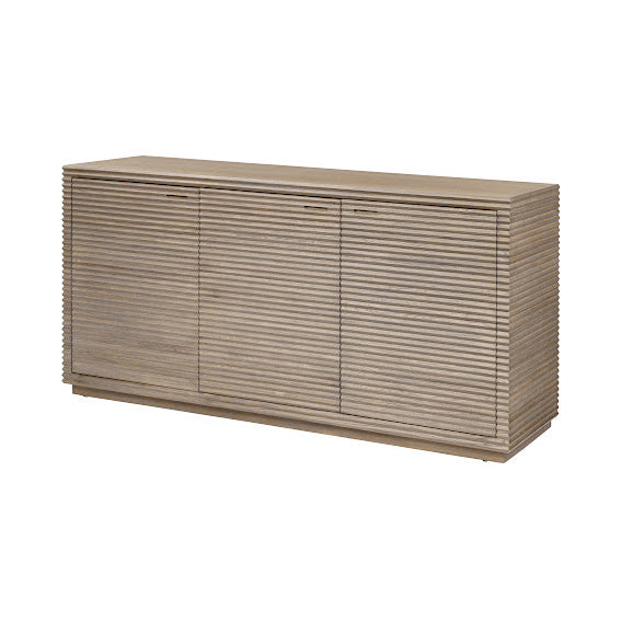 Wooden sideboard with horizontal slats on a white background