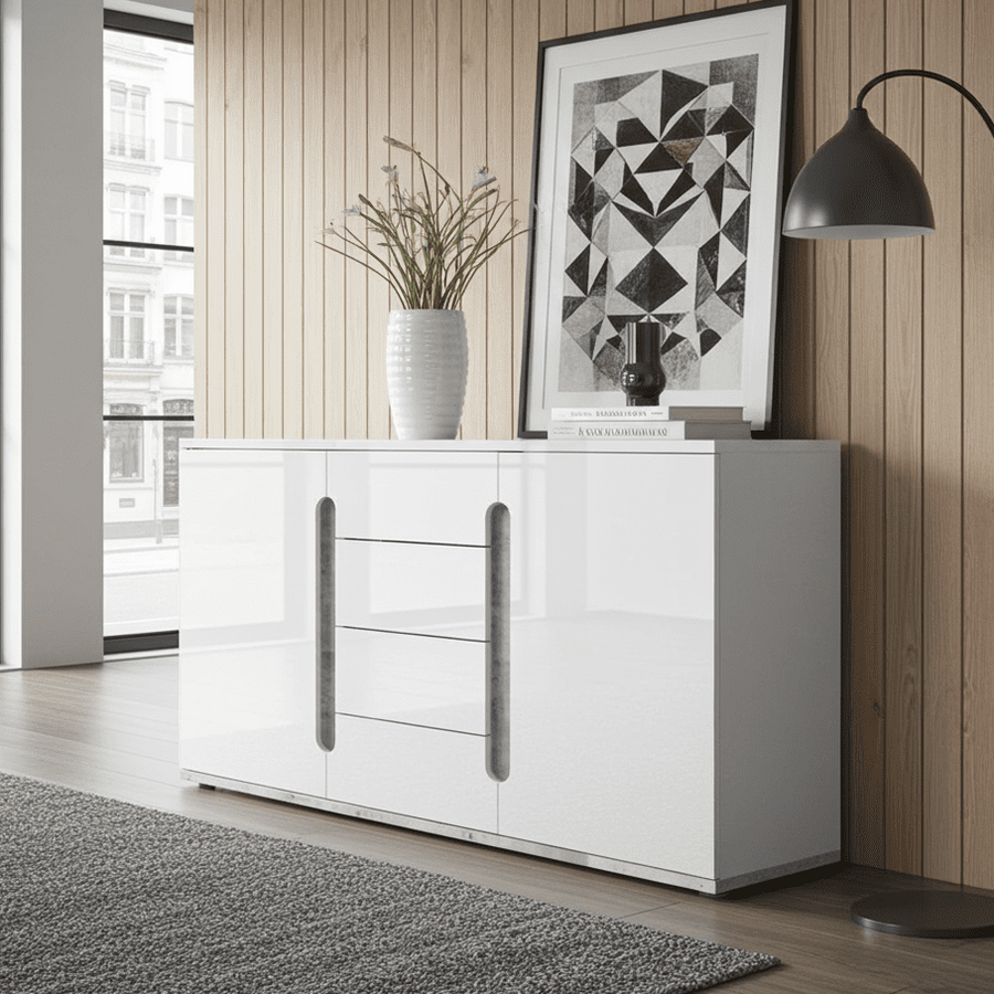White dresser with decorative items in a modern room