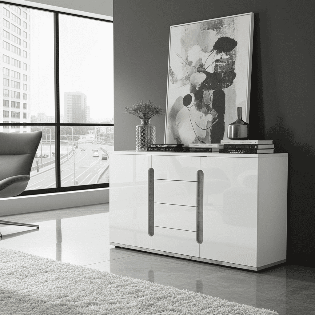 Modern white sideboard with decorative items in a stylish living room.