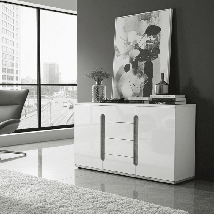 Modern white sideboard with decorative items in a stylish living room.