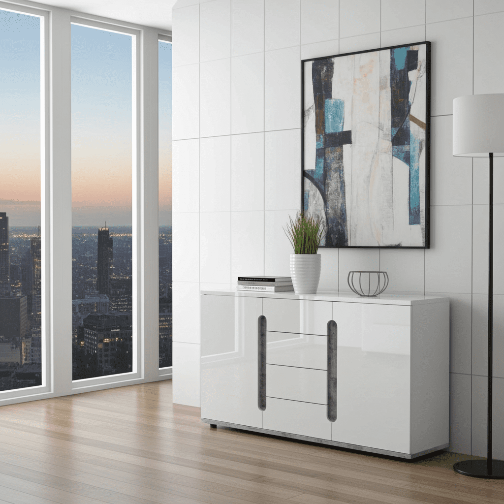 Modern interior with a white sideboard, abstract painting, and cityscape view.