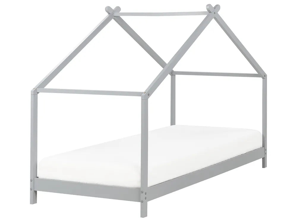 Gray house-shaped bed frame on a white background
