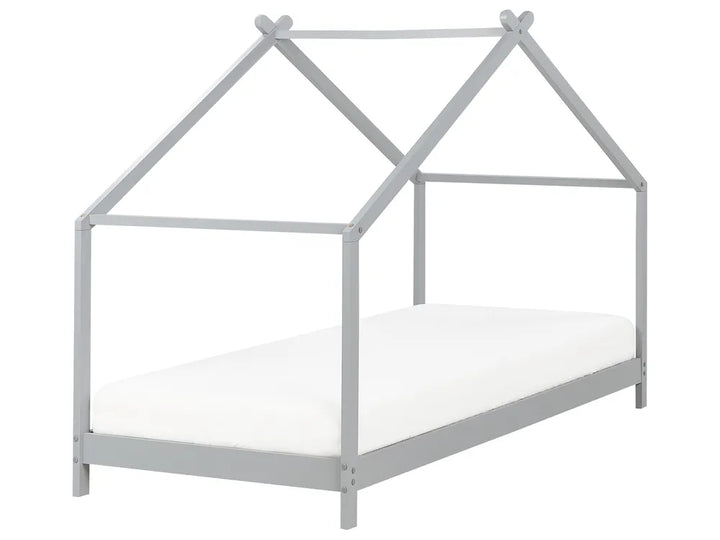Gray house-shaped bed frame on a white background