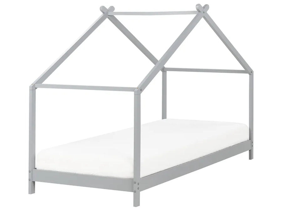 Gray house-shaped bed frame on a white background