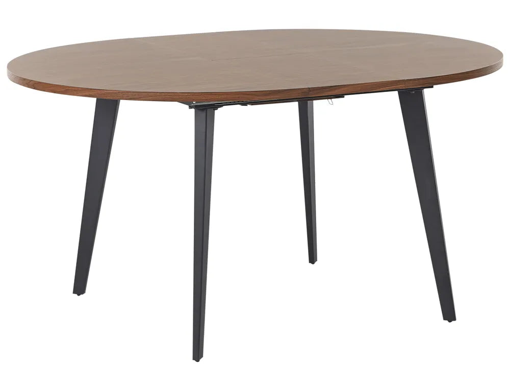 Round wooden table with black metal legs on a white background