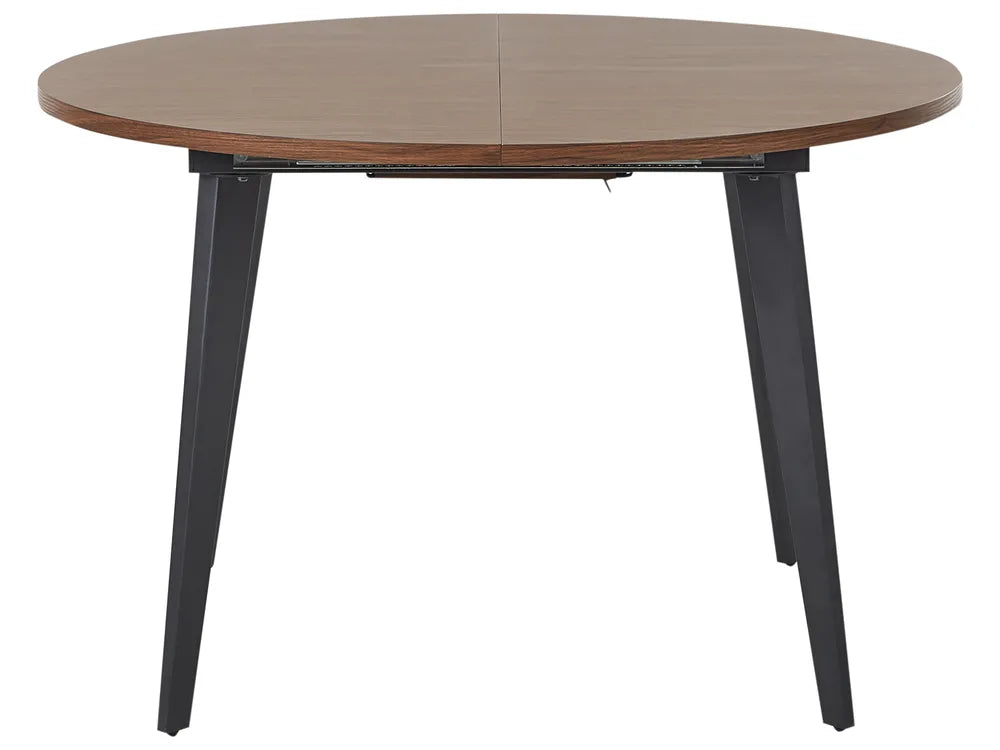Round wooden table with black metal legs on a white background