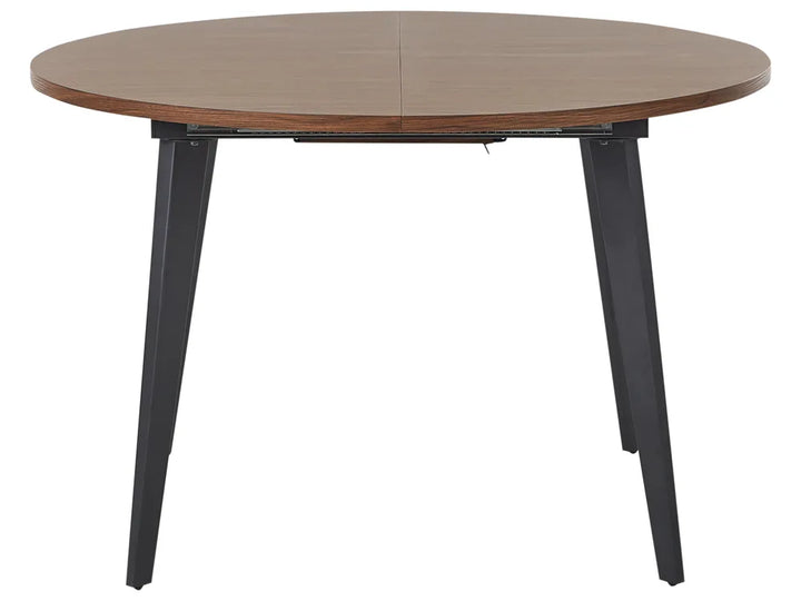 Round wooden table with black metal legs on a white background