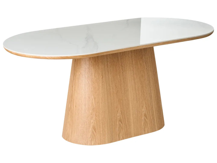 Dining table with white top and wooden base on a white background