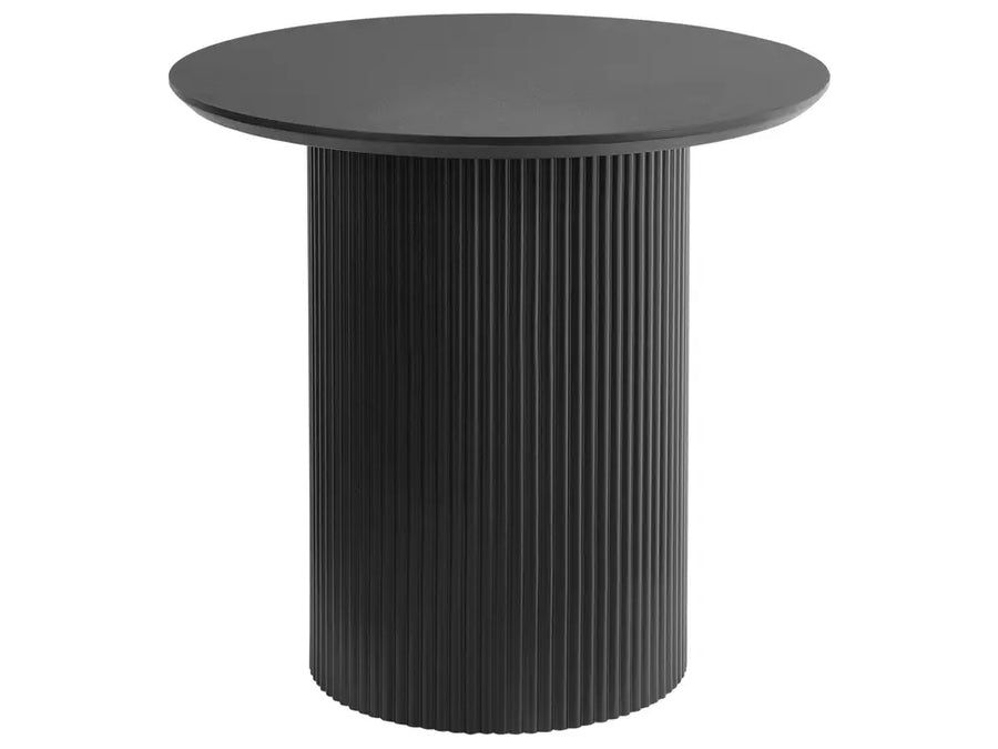 Black round table with ribbed cylindrical base on a white background