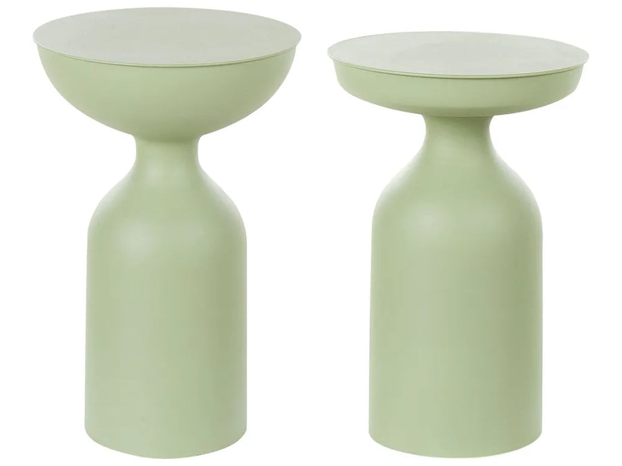 Two green side tables with white tops on a white background