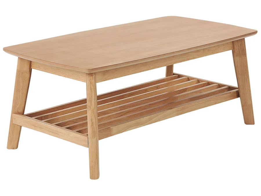 Wooden coffee table with a shelf on a white background
