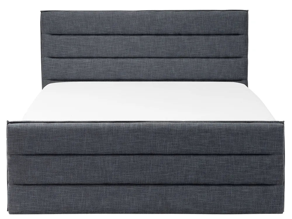EU king bed with soft grey linen upholstery