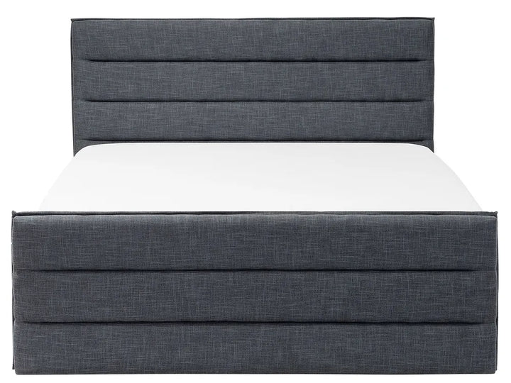 EU king bed with soft grey linen upholstery