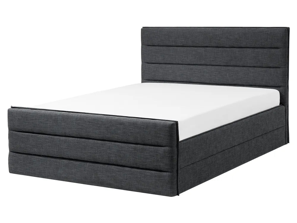 Dark grey fabric king size bed with upholstered headboard