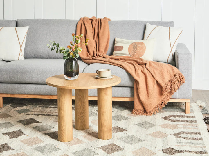 Gray sofa with a brown throw blanket, wooden coffee table with decor items, and patterned rug.